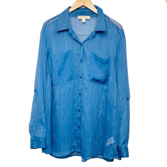 Michael Kors Blue Sheer Metallic Striped Button Up Blouse Women's 2X - Picture 1 of 7